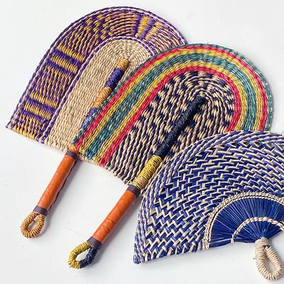 El Dokuma Hasır Fan Duvar Sanat Dekor Dekoratif Aksesuar Duvar için Deri Saplı El Yapımı Fan