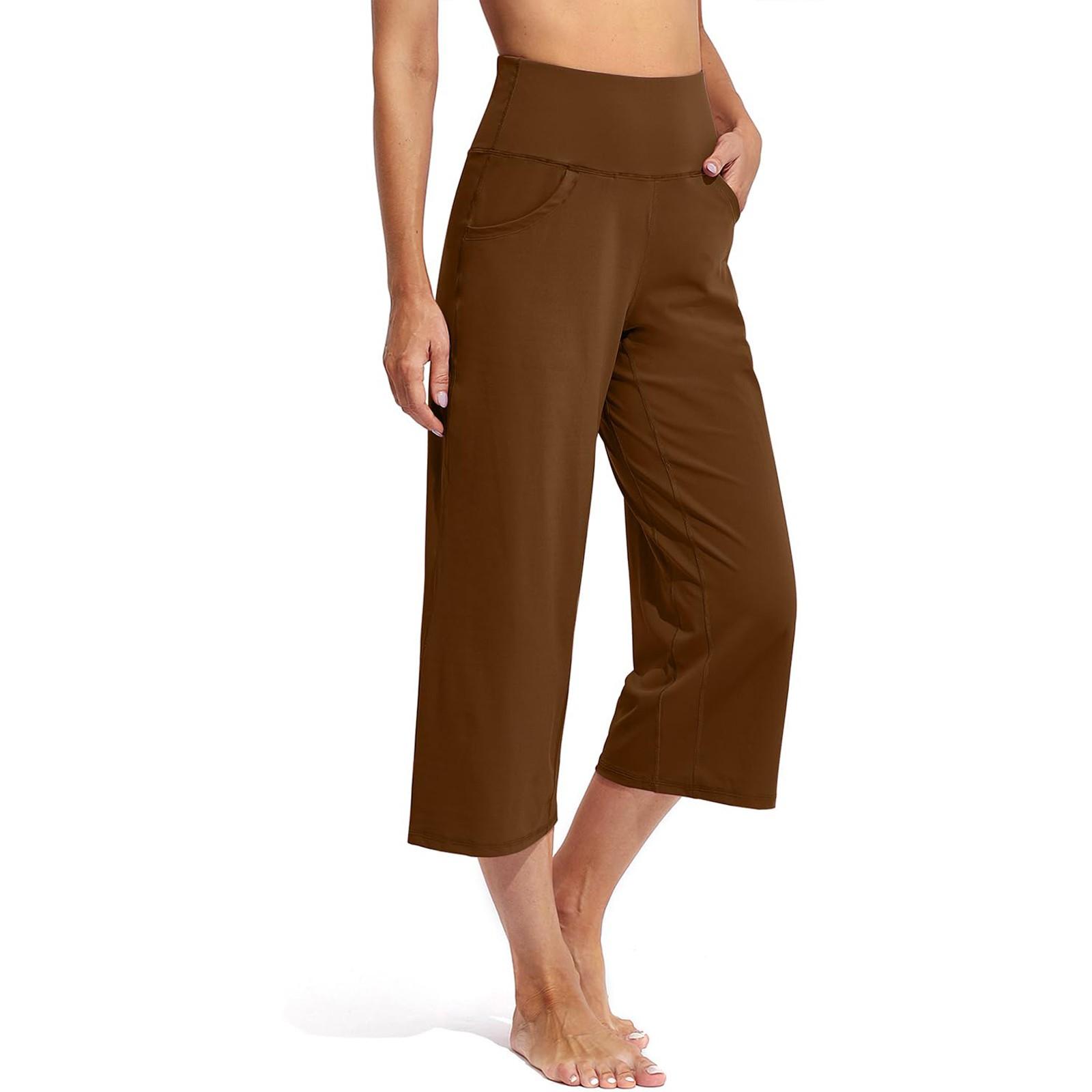 

Женские эластичные брюки 3/4 с высокой талией, повседневные брюки-капри с широкими штанинами для активного отдыха, брюки с карманами L кофейный