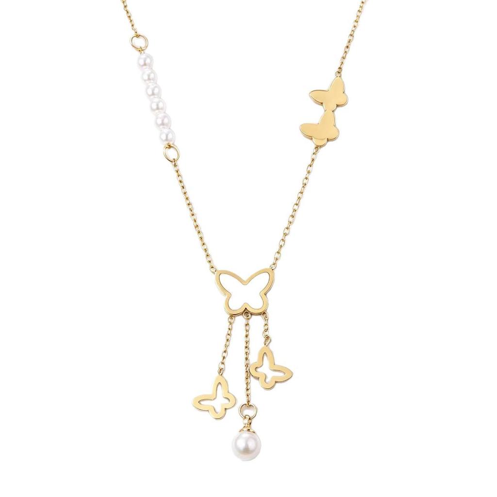 White Shell Butterfly Tassel Titanium Steel Necklace: Elegant, Durable, Internet Celebrity Style Clavicle Chain for Women