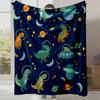 1pc Astronaut Dinosaur & Space-Themed Bedspread - Dark Blue Plush Flannel Blanket with Dino Astronauts, Planets & Stars, All-Sea