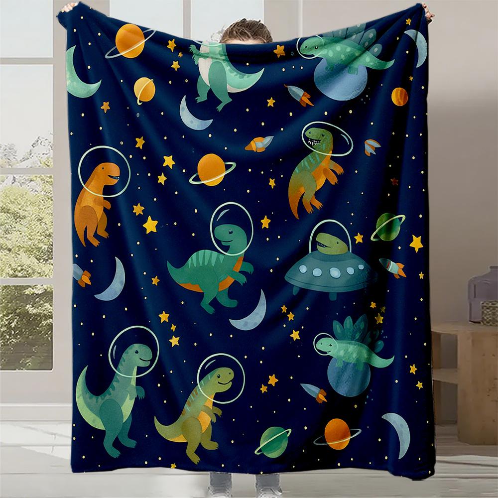 

1pc Astronaut Dinosaur & Space-Themed Bedspread - Dark Blue Plush Flannel Blanket with Dino Astronauts, Planets & Stars, All-Sea 130x150cm