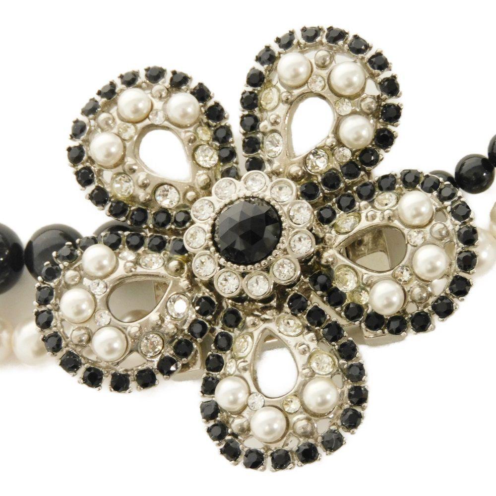 Used 12166 Crystal Pearl Flower 5AJL05 7984 Beaded Black Clear Silver Double Push Lock Logo White Women's from Japan