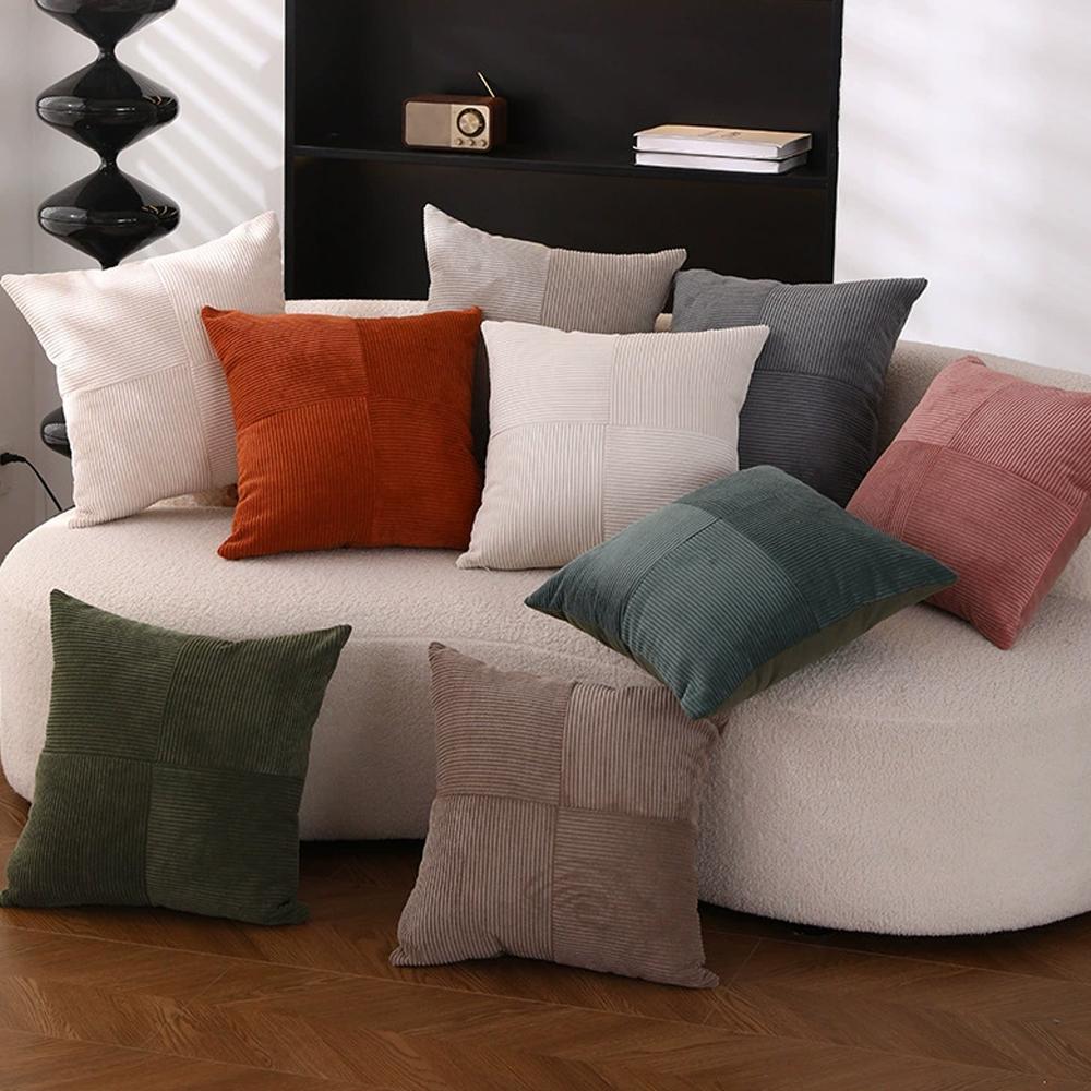 Corduroy Striped Square Cushion Covers Simple Solid Color Pillowcase Cross Patchwork Textured Cushion Case Sofa Home Decor