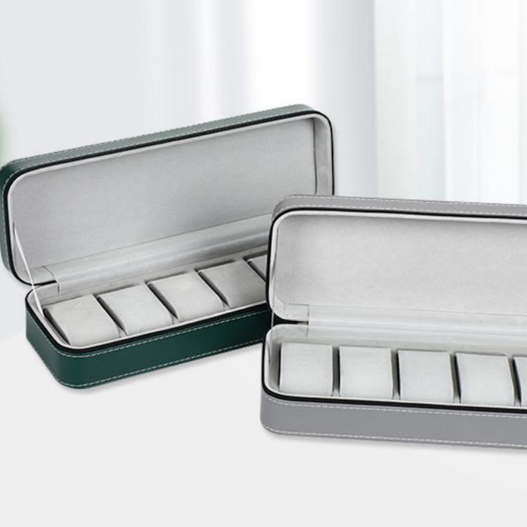 Portable Black and Blue-Gray Leather Zipper Watch Box with 6, 10, or 12 Slots - Flip-Top Jewelry Storage