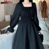 Schwarz Vintage Quadrat Kragen Französisch Blase Hülse Student Lange A-line Weibliche Lose Dünnes Kleid Frauen Party Sommer Maxi Sommerkleid