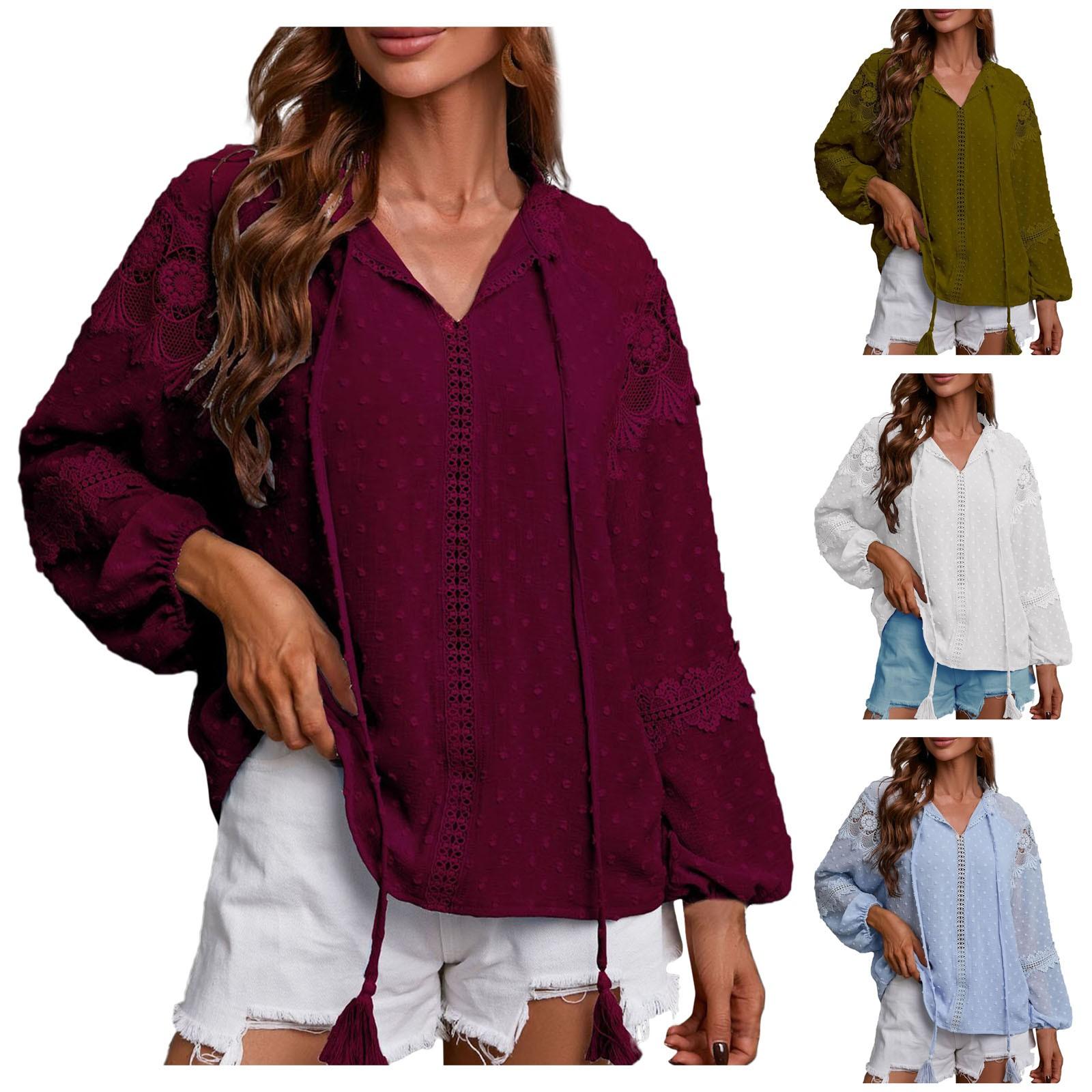 

Женский свободный повседневный полушейный с длинным рукавом горошек шифон пэчворк кружевная блузка топ