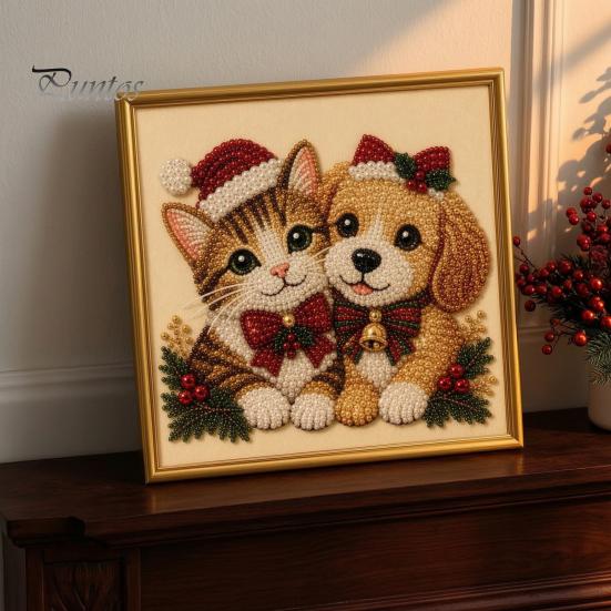 Winterwunderland Kreativaktivitäten Weihnachten Kunst-Kit mit künstlichen Perlen, Xmas Hut Katze Hund Malerei DIY Themenprojekte 3D Welpen Perlen Bastel-Kit für Erwachsene,
