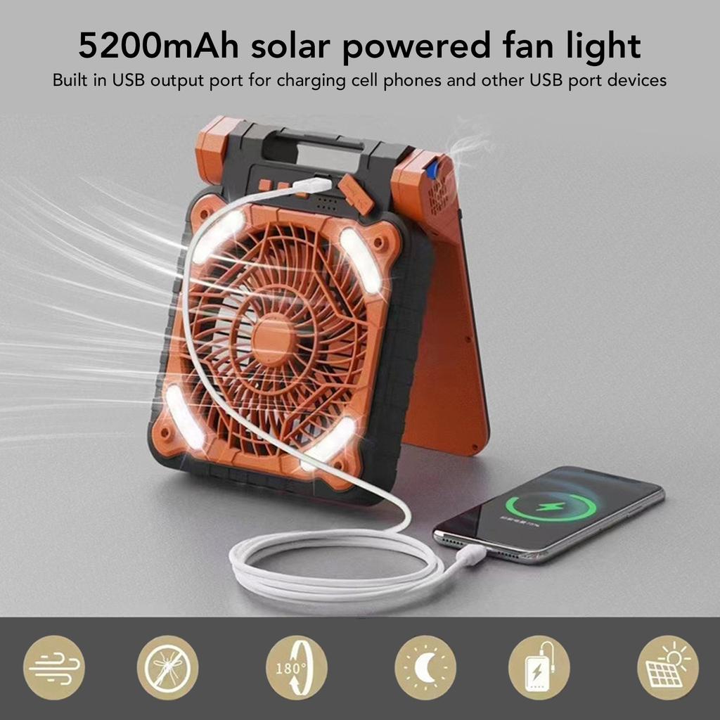 Solar Fan 5200MAH Type C Charging 4 Speed Adjustable Brushless Motor 4.5m/s Low Noise LED Timer Solar Camping Fan for Fishing Ou