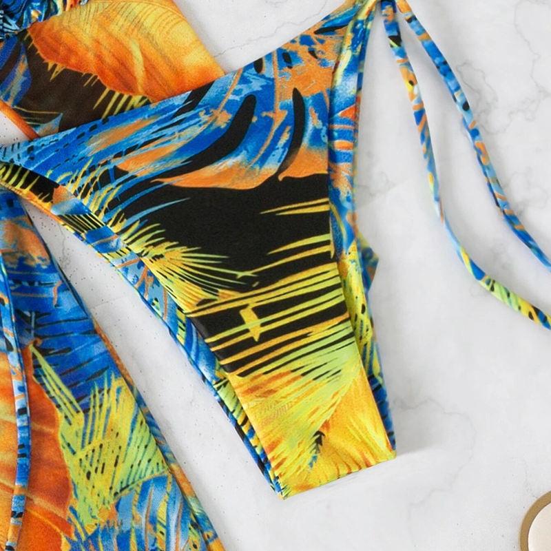 Women's Split Three Piece Set Printed Net Red Tie Dyed Lace Up Drawstring Swimsuit Bikini Sets