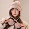 Thickened Double-layer Ear Protection and Cold-proof Three-hair Ball Fake Rabbit Hair Hat for Girls, Winter Velvet Face Protection Knitted Hat