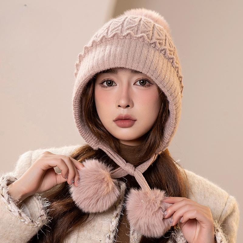 Thickened Double-layer Ear Protection and Cold-proof Three-hair Ball Fake Rabbit Hair Hat for Girls, Winter Velvet Face Protection Knitted Hat