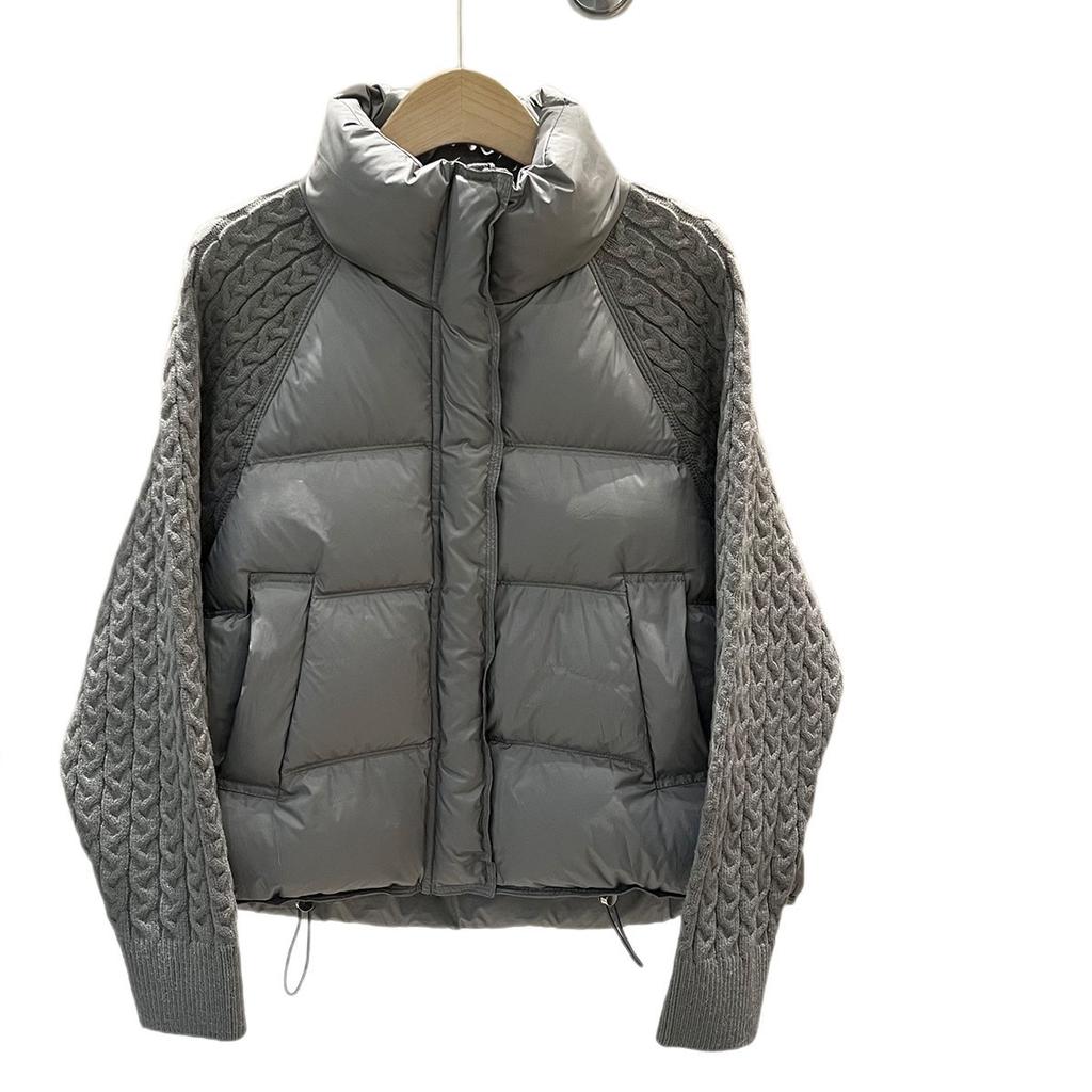 European autumn and winter new stand-up collar knitted sleeve splicing feather cotton clothes women's short loose warm cotton clothes women's coat