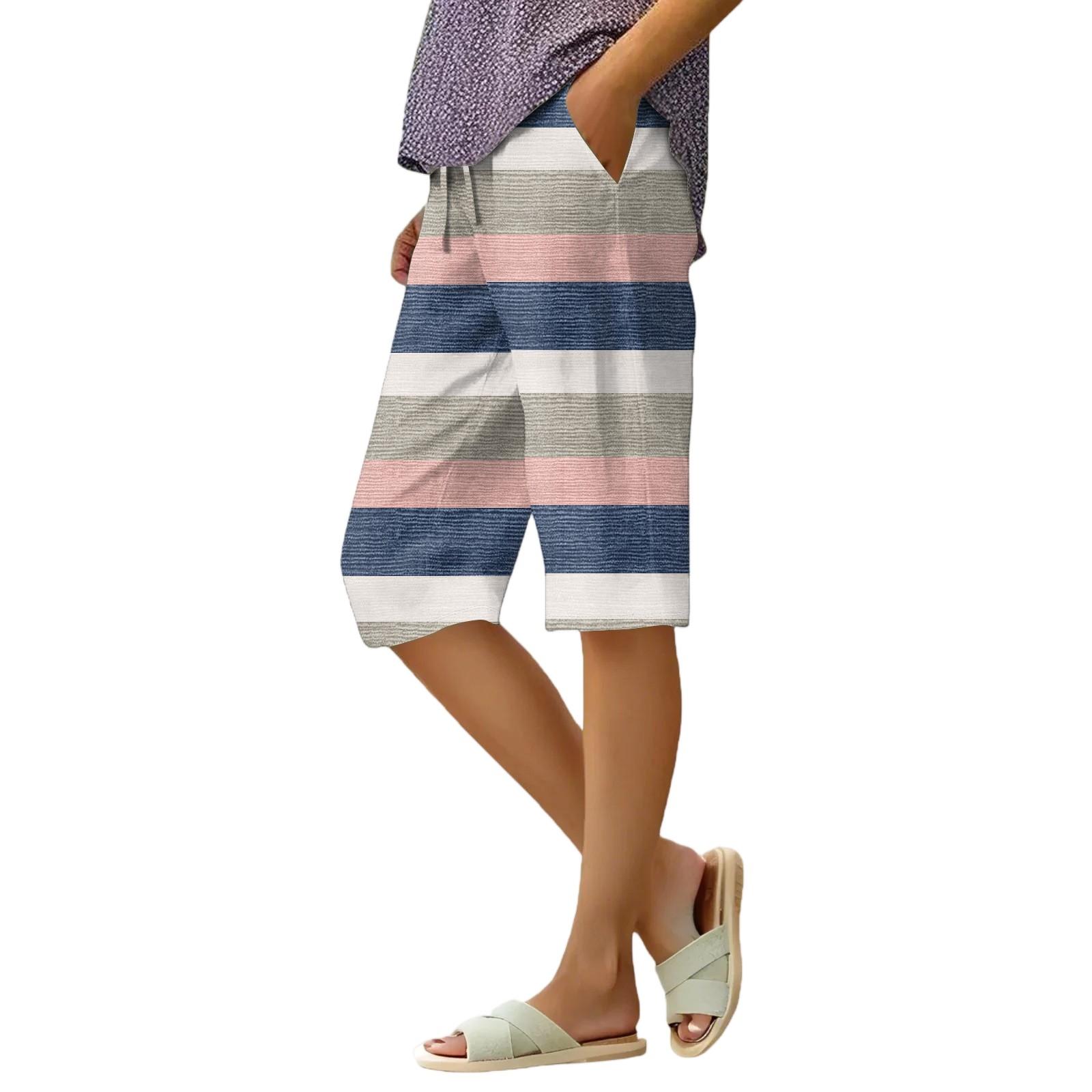 

Женские летние модные полосатые легкие повседневные шорты длиной до колена с эластичным поясом и карманами XL синий