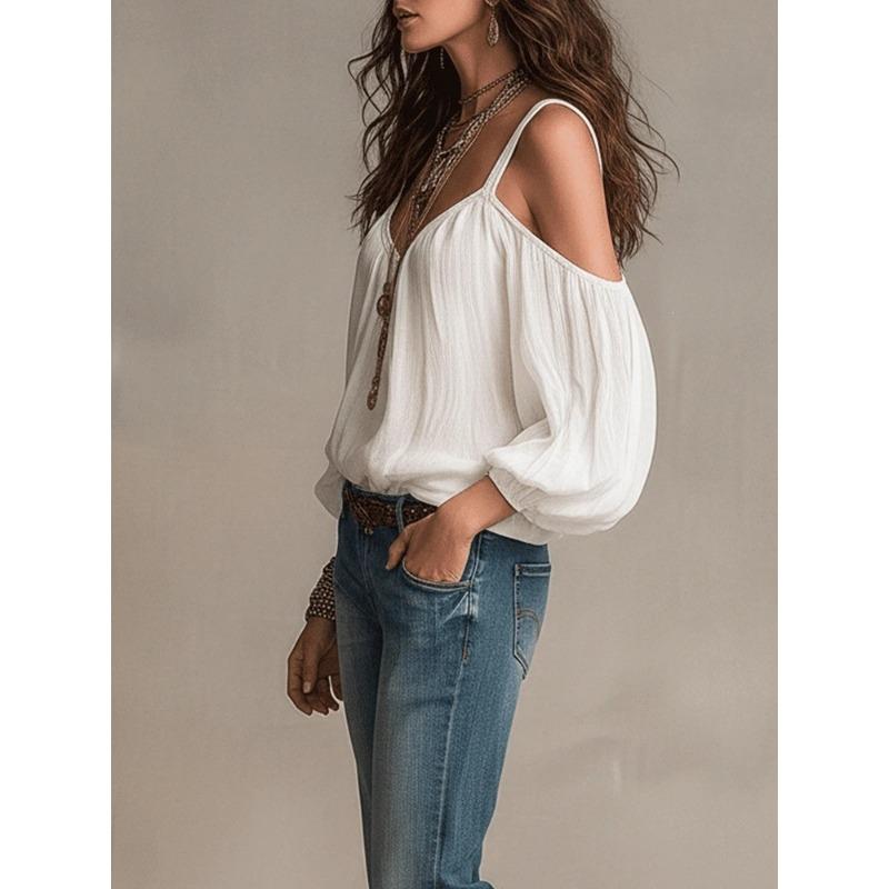 Camicia Casual da Donna a Maniche Lunghe a Bolla, Scollo a V, Colore Unito, per Vacanze