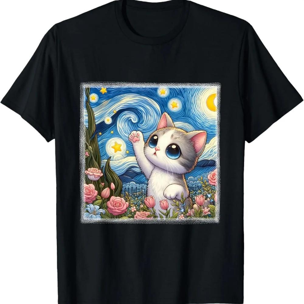

Звездная Ночь Кавайный Кот Ван Гог Садовые Розы Тюльпаны Лилии Футболка XXXXXL чёрный