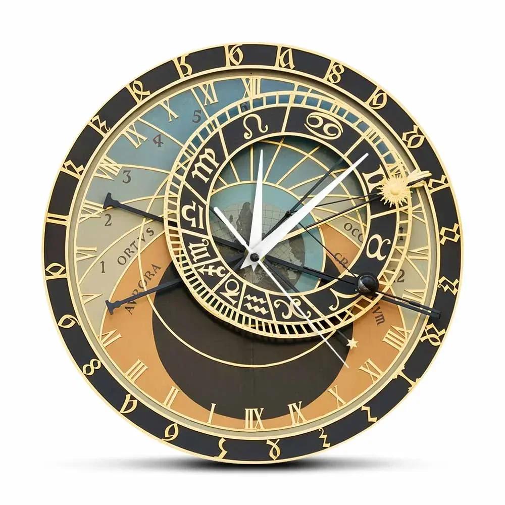 Czech Republic Prague Printed Astronmical Wall Clock For Bedroom Steampunk Astrology Timepieces European Travel Home DecorG9V8M2