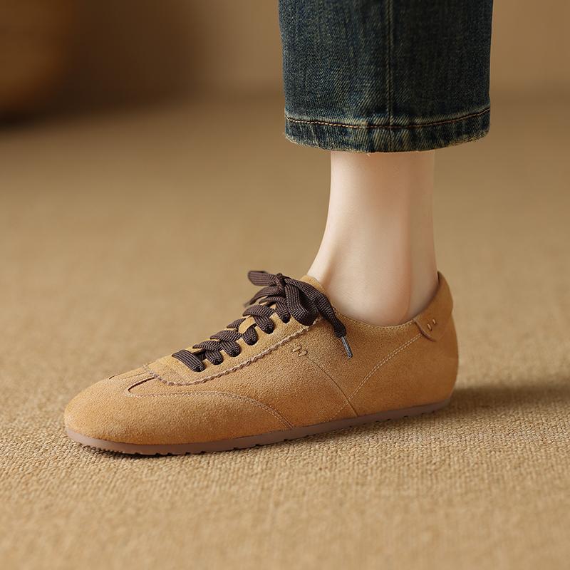 Fashion 2025 New Suede Leather Loafers Woman Round Toe Lace Up Casual Flats Shoes Outdoors Walk Fashion Shoes Flats Shoes for Women