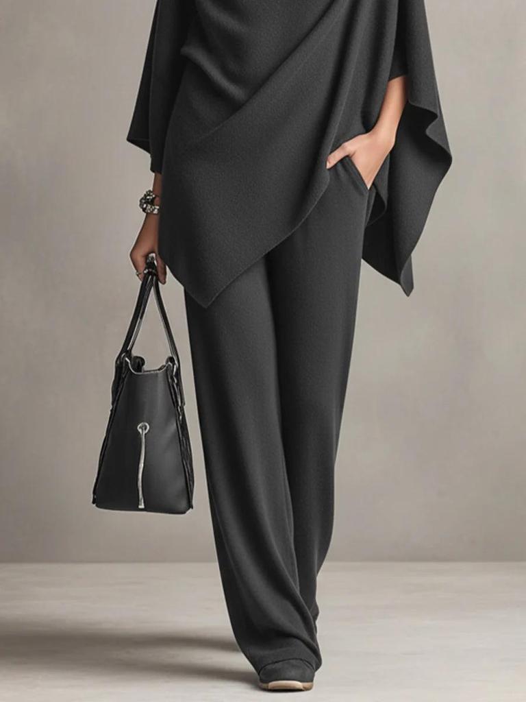 Women's Autumn/Winter Fleece Two-Piece Set: Stand Collar Cape & Wide-Leg Pants