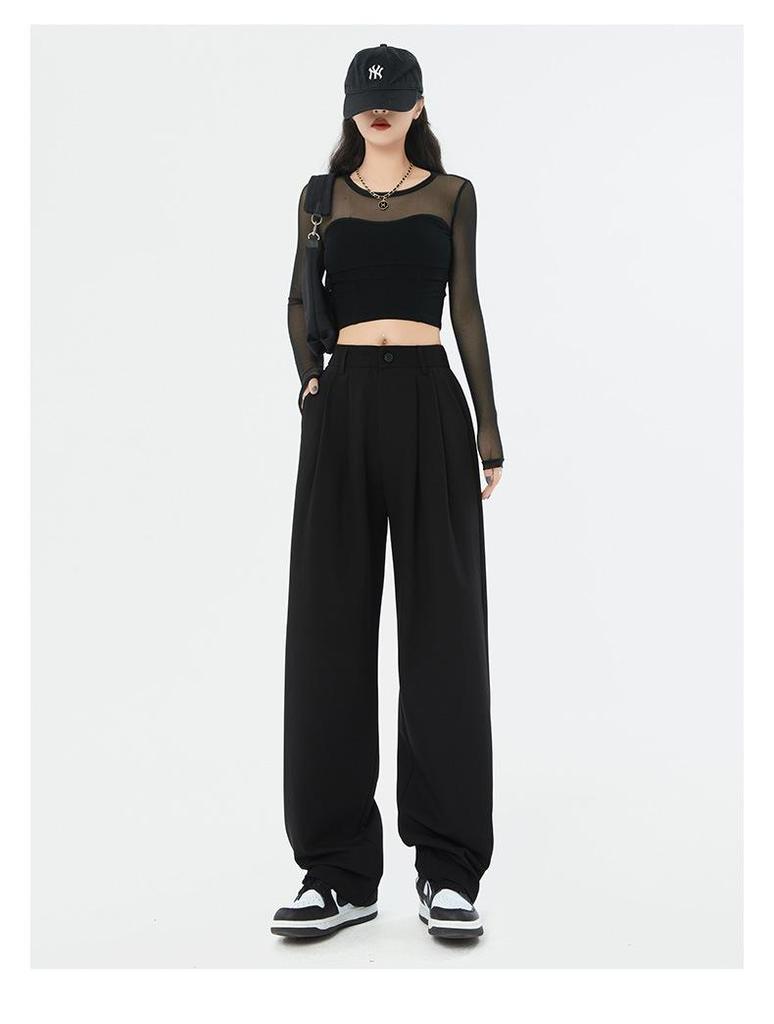 Women's High-Waisted Wide-Leg Black Pants for Spring/Autumn 2025 – Loose, Straight, Casual Suit Pants