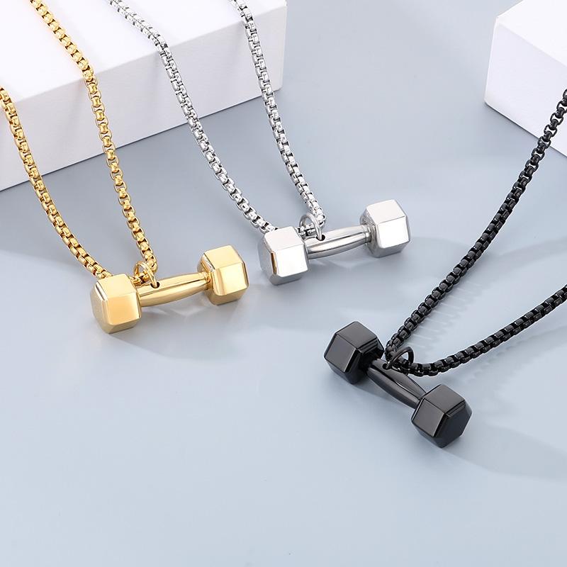 Gold Color Stainless Steel Barbell Pendant Necklace for Men Women Sports Souvenir Gift Square Pearl Chain Charm Trendy Jewelry