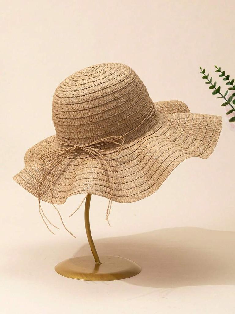 Women Summer White Straw Sun Hat With Polka Dot Bow Beach Travel UV Protection
