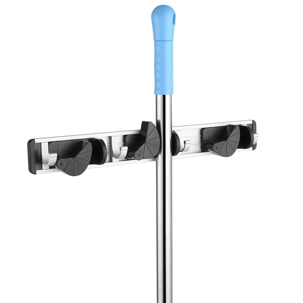 Mop and Broom Holder Rack Wall Mounted Tools Storage Home Use 3 Position 4 Hooks