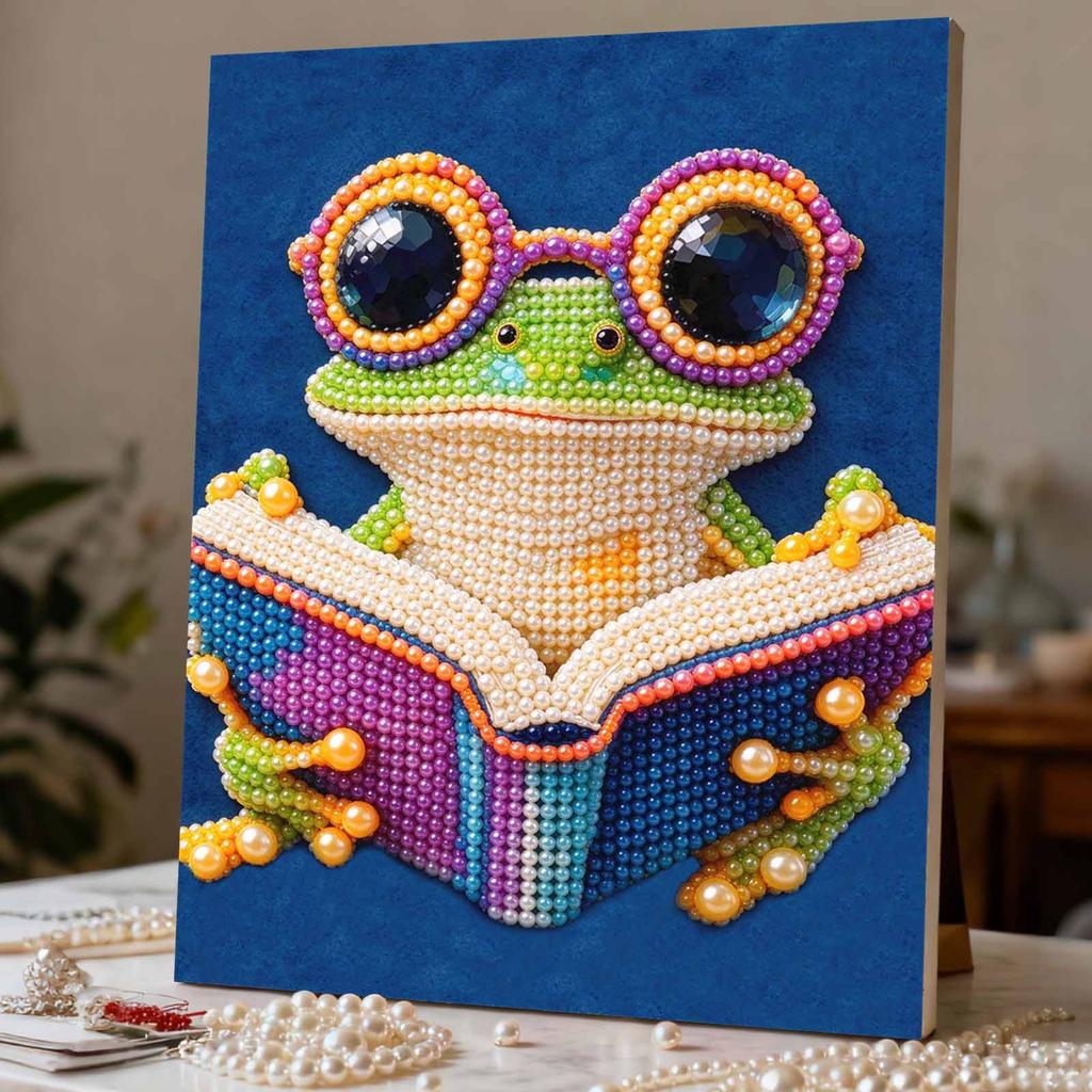 Cute Reading Frog Pearl Art Canvas with Frame 3D Shiny Bead Painting for Modern Room Decor, Relaxing Craft and Unique Creative Gift Idea