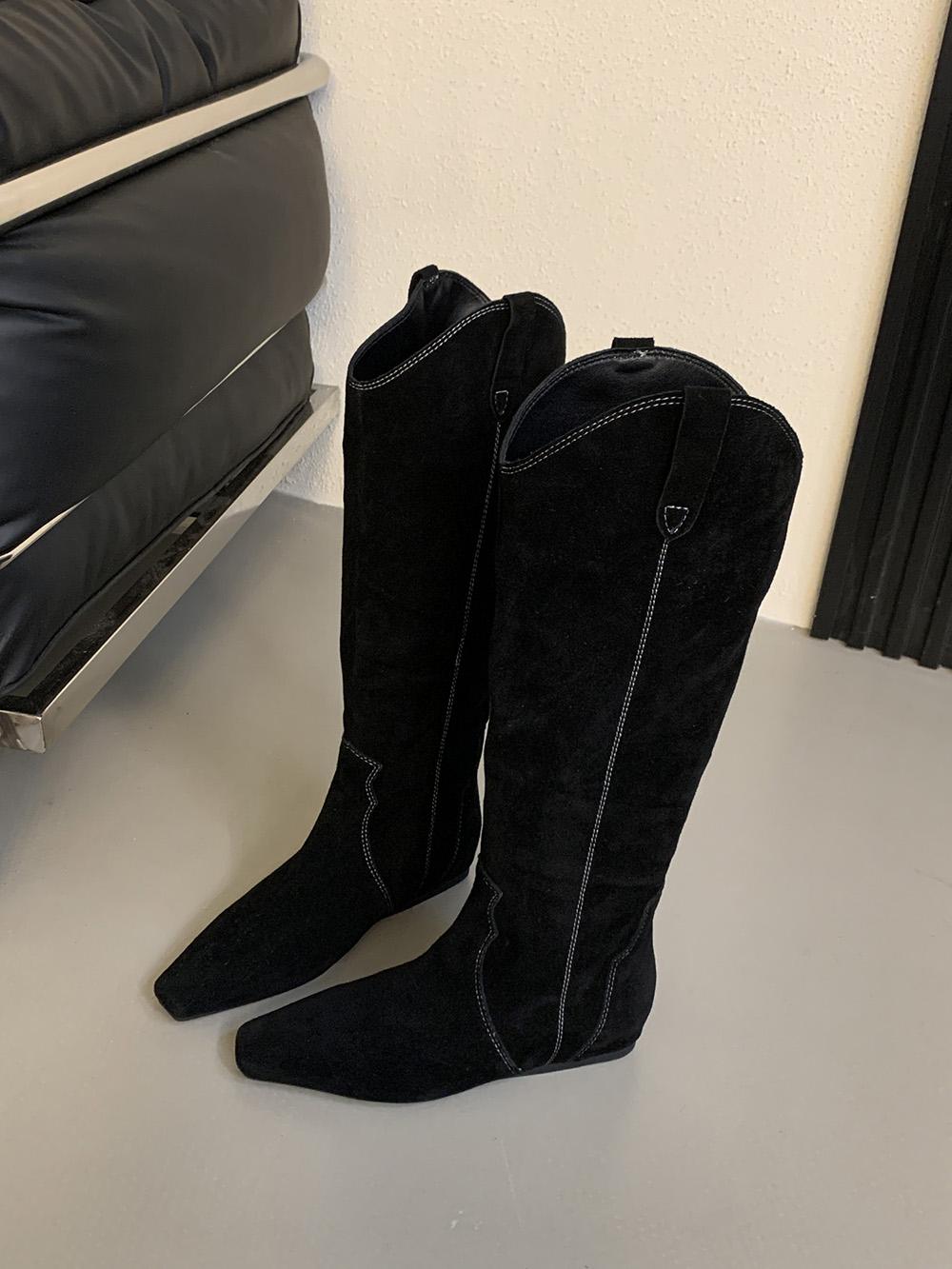 

fashion Round Toe Women Knee High Boots Genuine Leather 2024 New Arrivals Black Brown Flat Mid Heels Slip On Party Booties Western Botas 245 чорний