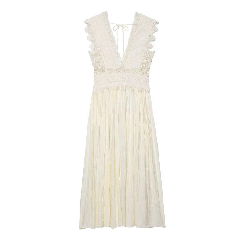 

European American Women s Clothing Fashionable Lace Deep V-neck High Waist Strap Dress S off білий колір