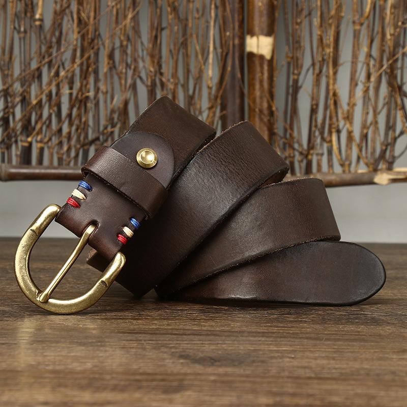 2024 Nowy Retro Vintage Skórzany Pasek Męski Skórzany Klamra z Kolcem Amerykański Trend Warstwa Wierzchnia Skóra Bydlęca Pasek do Dżinsów