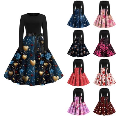 Women's Printed Round Neck Big Hem  Skirt Pleated Skirt Long Sleeved Dress Dress