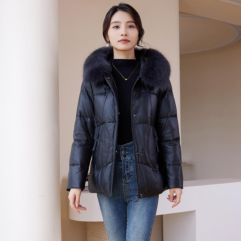New Winter Genuine Leather Jacket, Sheepskin Korean Style Loose Hooded Goose Down Jacket, Simple, Fashionable and Versatile