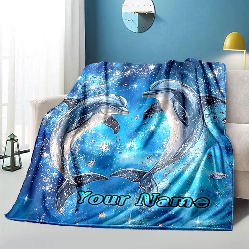 1PC Custom Name Dolphins Starry Sky Flannel Blanket Versatile,all-season Throw Suitable for the Living Room,bedroom,camping,travel,and Gift