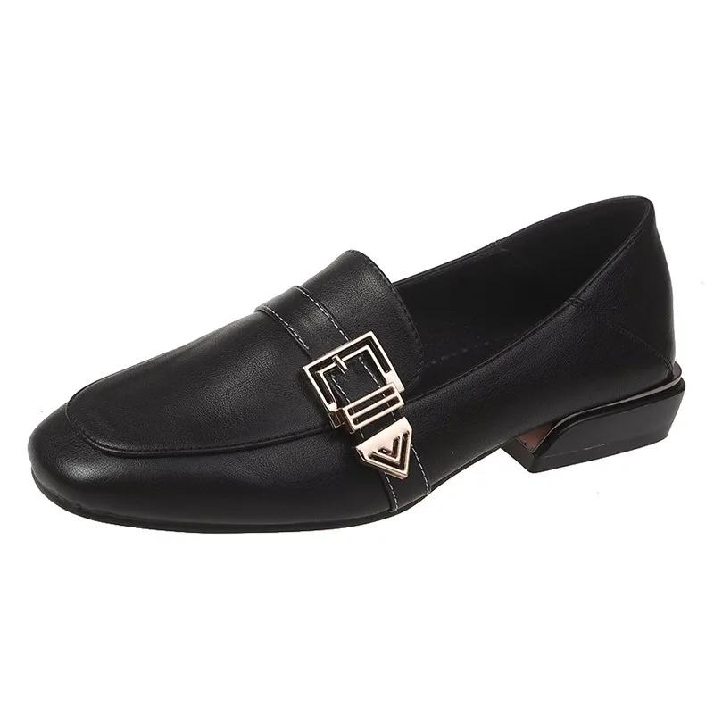

Модная вечеринка Кожаная обувь Низкий каблук Женские туфли-лодочки Модные британские лоферы Ремешок с пряжкой Повседневная обувь Квадратный носок Высокий каблук 2025 Новинка 35 чёрный