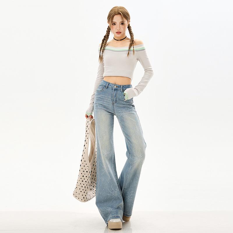 Spring new high-waisted elastic micro-pull floor pants fashion fireworks hot diamond versatile and thin jeans women