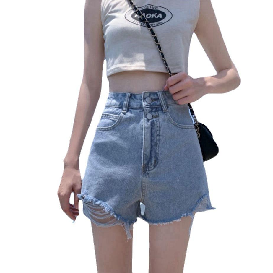 Classic and Minimalist Fashion Versatile Female Summer High-waisted Broken Holes Thin Loose Wide-legged A-line Denim Shorts Individuality Trendiness