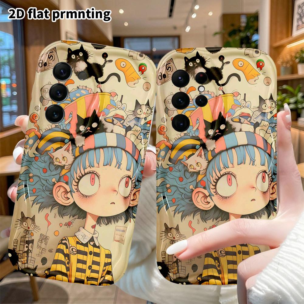 Phone Case: 2D Flat Samsung Galaxy A34 A35 M05 M06 S20 S22 S21 FE Plus 5G Protective Case, Black Cat Girl, Christmas and Halloween Gift
