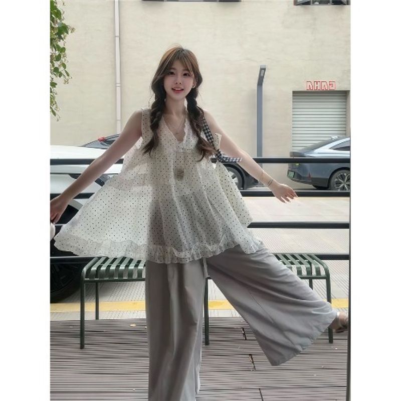 White Slip Top Micro Transparent Polka Dot Vest Dress Sweet Set Women's Summer Loose Casual Pants Two-piece Set
