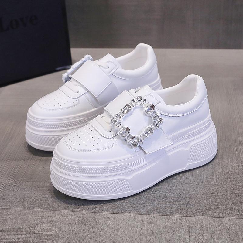 

7 см 2024 Женская вулканизированная обувь Весна CRYSTAL Кожаная платформа танкетка Высокий каблук Осенние белые туфли Крючок Увеличение Повседневная обувь 35 белый