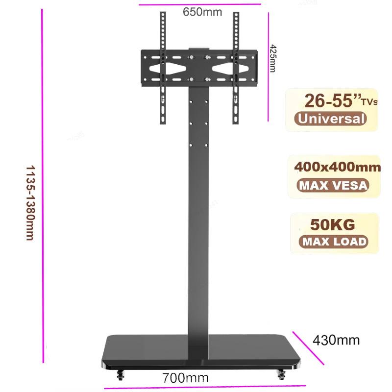 Rolling Floor TV Stand,Universal Mobile TV Cart for 26-65 inch TVs up to 110 lbs, Height Adjustable TV Stand with Swivel