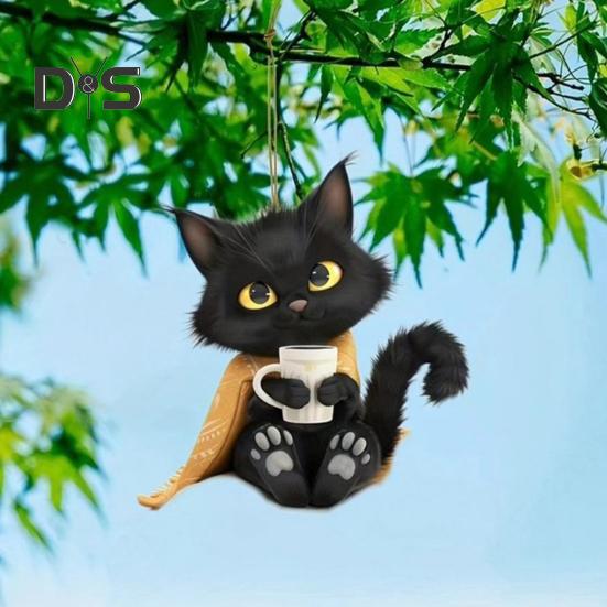 Akryl Katt Hänge med Snodd Liten Svart Katt Bilhänge Multifunktionell Bilspegel Fönster Väskor Nycklar Hängande Dekoration