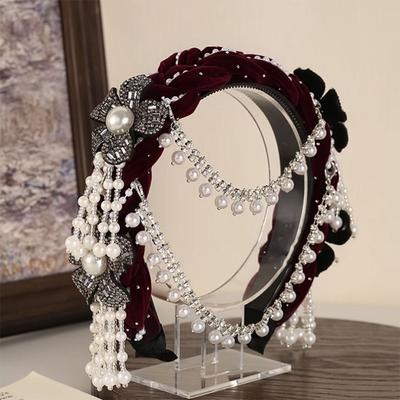 New Detachable Pearl Tassel Headband Ethnic Style Pearl Headband Bridal Headdress Wide-format Flower Headband