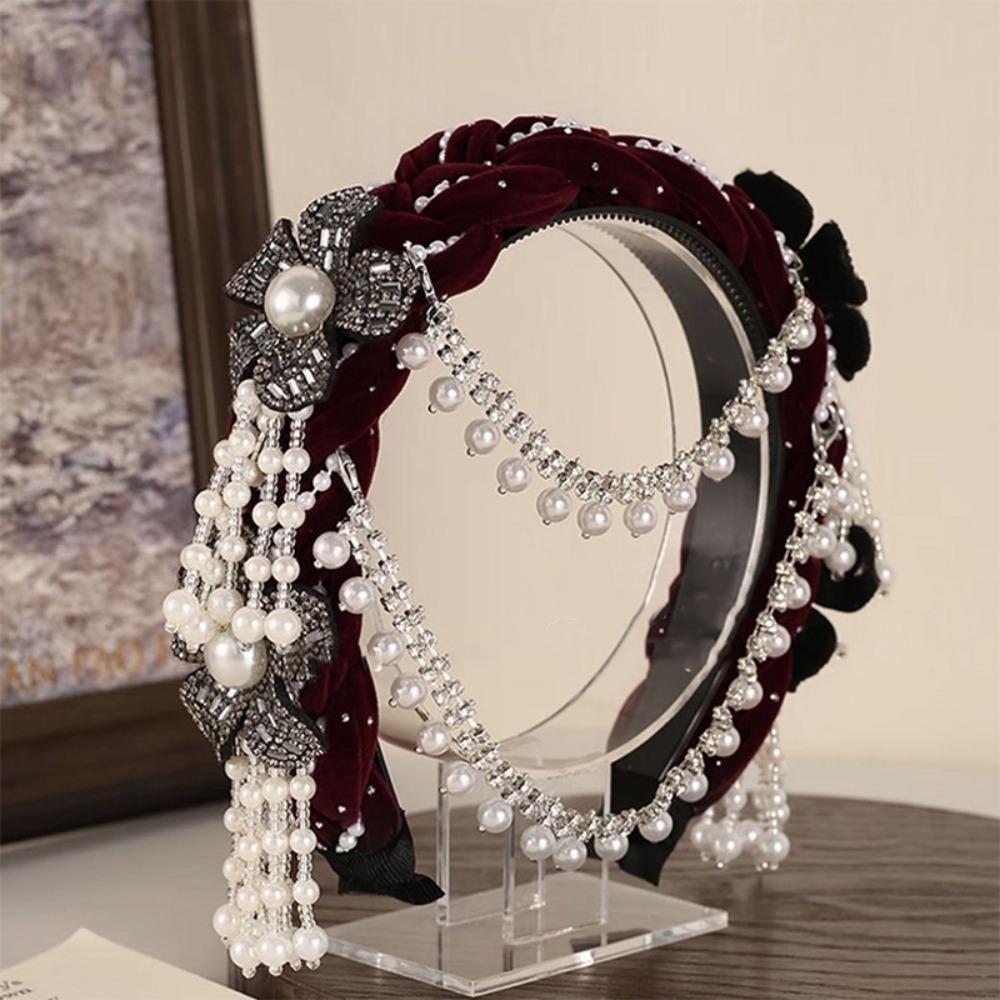 New Detachable Pearl Tassel Headband Ethnic Style Wide-format Bridal Headdress Pearl Headband Hair Accessory красный