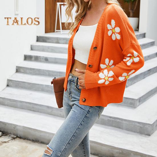 Damen Strickmantel mit Blumenmuster, Pullover, Strickjacke, V-Ausschnitt, lange Ärmel, Knöpfe, Knopfleiste, Strickjacke
