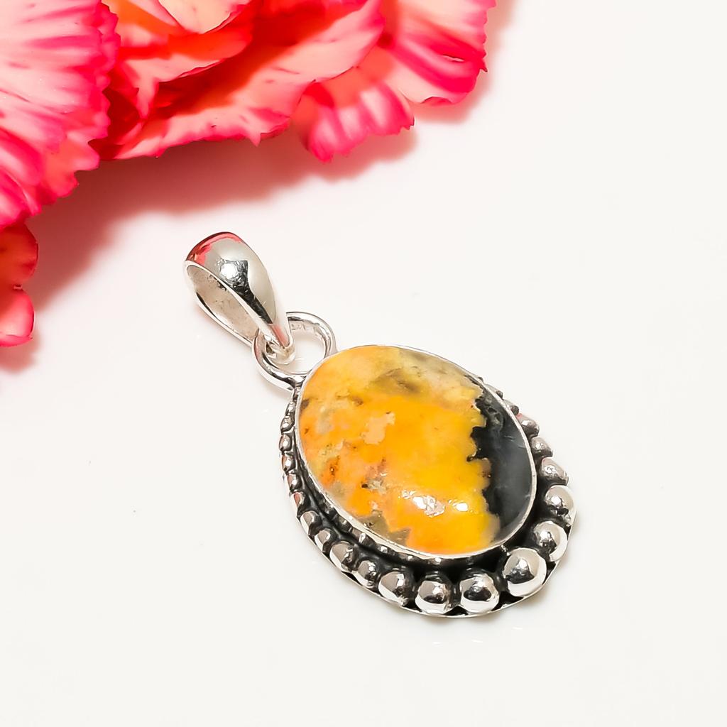 Bumble Bee Jasper - Indonesia 925 Sterling Silver Pendant V4673, Yellow Pendant, Oval Pendant, Valentin's Day Gift, Gift For Her, Birthday Gift, Handm