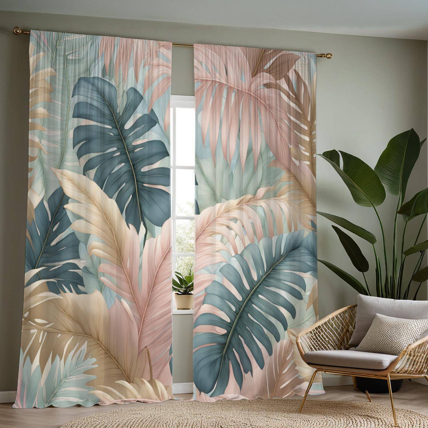 

Tropical Green Pink Monstera Leaf Print Curtains Polyester Fabric Suitable Bedrooms Living Rooms Made Of Machine Washable Sitting Room Decor W100*H70(CM)-Grommet top&2PCS