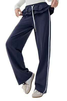 MORGEN SKY Jogger Pants with Ruffle Design and Side Sweatpants with Loose CK619 Women's Pants, Straight-leg Stripes, Drawstring, High-Waist,