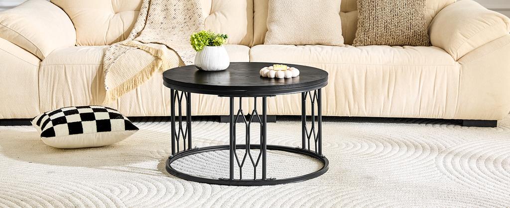 Mesa de Centro Redonda con Tapa Efecto Madera y Marco Metálico, Mesa Moderna para Sala de Estar con Marco Geométrico de Hierro, Mesa Auxiliar Redonda Resistente, aprox. 70x40.5 cm