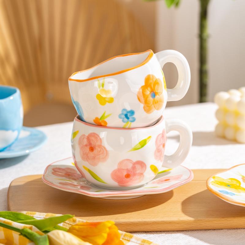 Creative Ceramic Mug Hand-painted Flower Clouds Coffee Cup with Saucer Irregular Handmade Cup Breakfast Milk Tea Cups Gift Set