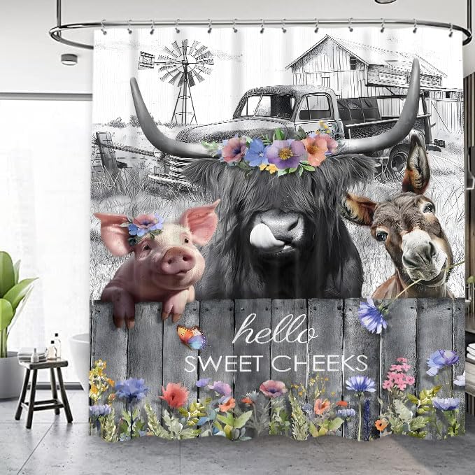 Farmhouse Pig Highland Cow Donkey Shower Curtain 60Wx72L Inch Funny Cute Animal Country Rustic Wooden Hello Sweet Cheeks Planks